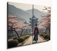 The Plum Penguin Traditional South Korean Garden Scene Wall Art, A4 Twin Set, 6mm MDF Wood Print Canvas Alternative 40 x 30cm