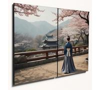 The Plum Penguin Traditional South Korean Garden Scene Wall Art, A4 Twin Set, 6mm MDF Wood Print Canvas Alternative 40 x 30cm