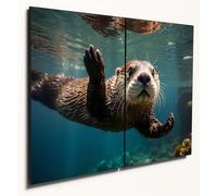The Plum Penguin Tropical Sea Otter & Coral Reef Wooden Wall Art, A4 Double Set, Colourful Ocean Life Home Decor Canvas Alternative 40 x 30cm