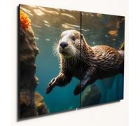 The Plum Penguin Tropical Sea Otter & Coral Reef Wooden Wall Art, A4 Double Set, Colourful Ocean Life Home Decor Canvas Alternative 40 x 30cm