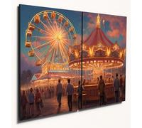 The Plum Penguin Twilight Carnival Funfair Scene Wall Art, A4 Twin Set, Printed on 6mm MDF Wood Canvas Alternative 40 x 30cm