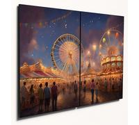 The Plum Penguin Twilight Carnival Funfair Scene Wall Art, A4 Twin Set, Printed on 6mm MDF Wood Canvas Alternative 40 x 30cm