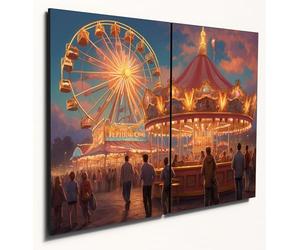 The Plum Penguin Twilight Carnival Funfair Scene Wall Art, A4 Twin Set, Printed on 6mm MDF Wood Canvas Alternative 40 x 30cm