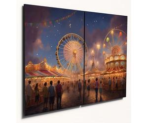 The Plum Penguin Twilight Carnival Funfair Scene Wall Art, A4 Twin Set, Printed on 6mm MDF Wood Canvas Alternative 40 x 30cm