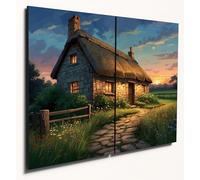 The Plum Penguin Twilight Cottage Scene Wall Art - A4 Wood MDF Pair - Rustic Countryside Home Decor Canvas Alternative 40 x 30cm
