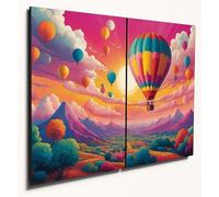 The Plum Penguin Vibrant Pop Art Hot Air Balloon Printed on A4 Wood MDF Duo Wall Art Set Canvas Alternative 40 x 30cm