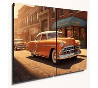 The Plum Penguin Vintage 1950s Chevrolet Sunset Scene Wall Art, Dual A4 Wood MDF Prints, Retro Home Decor Canvas Alternative 40 x 30cm
