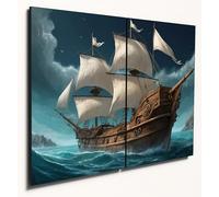 The Plum Penguin Wooden Pirate Ship Wall Art - A4 Dual Panels - Nautical Adventure Seascape Decor Canvas Alternative 40 x 30cm