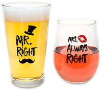 The Plympton Company Funny Wedding Gifts - Mr. Right and Mrs. Always Right Novelty Wine Glass & Beer Glass Combo - Engagement Gift for Couples
