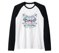 The Powder is Calling and I Must Go Woman Skier Ski Skiing Raglan Baseball Tee