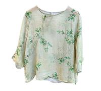 The Princess Bride Hanfu Linen Casual Loose Blouse 3/4 Sleeve V Neckline Chinese Traditional Clothes with Chinese Frog Button Tops Summer A1- M Green