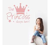 The Princess Sleep Here Crown Stars DIY Removable Peel and Stick Wall Decals with Quote Wall Stickers Decor for Girls Kids Bedroom Nursery Birthday Party Favor