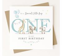 The Printed Paperie Co. Boy's 1st Birthday Card, Safari Animals Design, Giraffe Elephant Zebra, Special Little Boy First Birthday