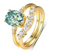 The Promise Ring, Boho Rings for Women 2 Ring Set with Green Oval Shape 2ct Moissanite 14K Yellow Gold Size J 1/2