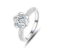 The Promise Ring, Promise Ring Band Classic Flower with 1ct Round Moissanite 14K White Gold Size O 1/2