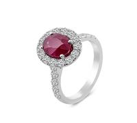 The Promise Ring, V Rings for Women Elegant Halo 2ct Oval Created Ruby with Moissanite 14K White Gold Size W 1/2