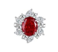 The Promise Ring, Western Ring Flower 10X12mm 4ct Oval Lab Created Ruby with Moissanite 9K White Gold Size V 1/2