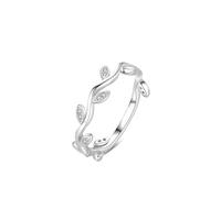 The Promise Ring, White Gold Wedding Band Dainty 18K Leaves with Moissanite Silver Size Q 1/2