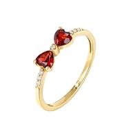 The Promise Ring, Yellow Gold Ring Thin 18K with Bowknot Heart Shape Garnet 0.55Ct and Diamond Size V 1/2