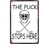 The Puck Stops Here Hanging Metal Tin Sign,Chic Ice Hockey Decor Funny Metal Signs Tin Painting for Home Kitchen Bar Room Garage Man Cave DecorTin Sign 8X12 Inches