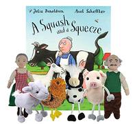 The Puppet Company A Squash and a Squeeze Paperback Book - Children's Storybook and Finger Puppet Set (Goat, Pig, Hen, Cow, Old Lady, Old Man & Red Velvet Zip-Top Storage Bag with Clear Window)