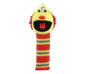 The Puppet Company Flint Sockette - Eco-Friendly Fireman Hand Puppet Toy in Red & Yellow with Helmet, Squeaker & Wide Mouth, Made from Recycled Materials - Interactive Fun for Kids & Adults - 38cm