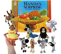 The Puppet Company Handa’s Surprise Paperback Book and Finger Puppet Set (Girl, Monkey, Ostrich, Zebra, Elephant, Giraffe, Antelope, Parrot, Goat & Red Velvet Zip-Top Storage Bag with Clear Window)