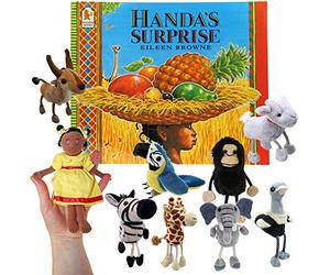 The Puppet Company Handa’s Surprise Paperback Book and Finger Puppet Set (Girl, Monkey, Ostrich, Zebra, Elephant, Giraffe, Antelope, Parrot, Goat & Red Velvet Zip-Top Storage Bag with Clear Window)