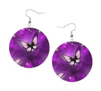 The Purple Butterfly Prints Leather Round Earrings Pendant Stylish And Light Lightweight Dangle For Women Girls, One Size, Leather, No Gemstone