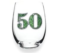 THE QUEENS' JEWELS 50th Birthday Jeweled Stemless Wine Glass, 21 oz. - Unique Gift for Women, Birthday, Cute, Fun, Not Painted, Decorated, Bling, Bedazzled, Rhinestone