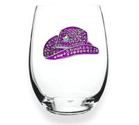 THE QUEENS' JEWELS Pink Cowboy Jeweled Stemless Wine Glass, 21 oz. - Unique Gift for Women, Birthday, Cute, Fun, Not Painted, Decorated, Bling, Bedazzled, Rhinestone