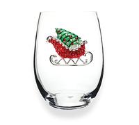 THE QUEENS' JEWELS Red Christmas Sleigh Jeweled Stemless Wine Glass, 21 oz. - Unique Gift for Women, Birthday, Cute, Fun, Not Painted, Decorated, Bling, Bedazzled, Rhinestone