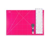 The Quilted Bear 24" x 36" Heavy Duty Self Healing 5 Layer Cutting Mat with 6.5" x 24" Non-Slip Ruler & 60mm Ergonomic Soft Grip Rotary Cutter (Pink)