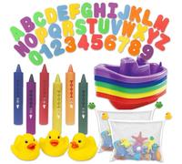 The Rangery Baby Bath Toys Set, 51 Pcs, Rubber Ducks, Foam Letters and Numbers, Bath Crayons, Boats and Bath Toy Storage Net | Educational Learning Toys for Toddlers & Kids