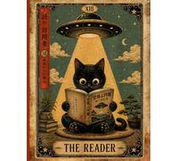 The Reader Tarot Card Black Cat Notebook: Vintage Japanese Sci-Fi UFO Wide Ruled Lined Journal for Occult Readers, Book Lovers, and Kitty Fans