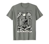 The Reader Tarot Card Funny Book Lover Skeleton Reading Book T-Shirt, Men, Olive Heather, X-Large