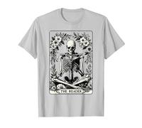 The Reader Tarot Card Funny Book Lover Skeleton Reading Book T-Shirt, Men, Silver Grey, Medium