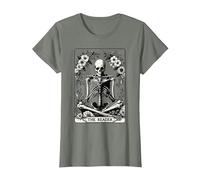 The Reader Tarot Card Funny Book Lover Skeleton Reading Book T-Shirt, Women, Olive Heather, Large