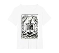 The Reader Tarot Card Funny Book Lover Skeleton Reading Book T-Shirt, Women's Plus, White, 4X