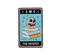 The Reader Tarot Card Pin Brooch, Skull Book Lover Enamel Pin, Gift For Reading Lover Bookworm Reader, Bibliophile Brooches, Book Club Lapel Badge, Spooky Library Accessories