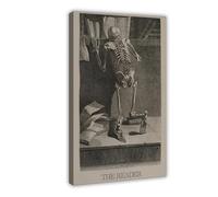 The Reader Tarot Print, Bookish Prints, Skeleton Reading Tarot Card Wall Art, Witchy Book Nook Decor, Vintage Library Poster, Bookworm Gift Frame-style 24x36inch(60x90cm)