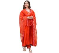 The Red Lion Enterprise Black Anarkali Kurti set for Women with Dupatta & Pant | Partywear wedding Ethnic Salwar suit Set, Orange, L