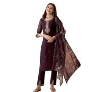 The Red Lion Enterprise Elegant Wine Chanderi Kurti with Digital Printed Tissue Dupatta & Organza Sleeves - 3 Pc Ethnic Set, Wine, Large