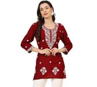 The Red Lion Enterprise Indian Hand Embroidered Chikankari Women's Straight Reyon Short Kurta Kurti Tunic for women, Orange, Medium