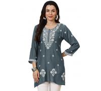The Red Lion Enterprise Indian Hand Embroidered Chikankari Women's Straight Reyon Short Kurta Kurti Tunic for women