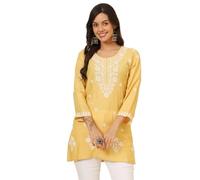 The Red Lion Enterprise Indian Hand Embroidered Chikankari Women's Straight Reyon Short Kurta Kurti Tunic for women, Mustard, M