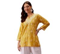 The Red Lion Enterprise Indian Hand Embroidered Chikankari Women's Straight Reyon Short Kurta Kurti Tunic for women, Yellow 00, Large