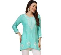 The Red Lion Enterprise Indian Hand Embroidered Chikankari Women's Straight Reyon Short Kurta Kurti Tunic for women, Blue, Medium