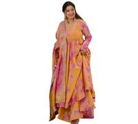 The Red Lion Enterprise Party Wear Women’s White Chinon Anarkali Kurti Pant Dupatta 3 Piece Set | Festive & Wedding, Yellow, Medium