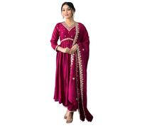 The Red Lion Enterprise Partywear wedding Function wear Anarkali Dress, Alia cut kurti pant and Dupatta 3pc set for women, Sam-wine, Large